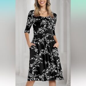 NWT CATHY 3/4 Sleeve High Waist Round Neck Midi Dress with Pockets, Size Small
